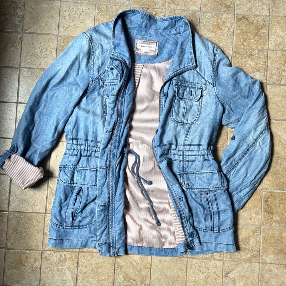 Marrakech Anthropologie Chambray Barn Jacket Spring Utility Blazer Drawstring L